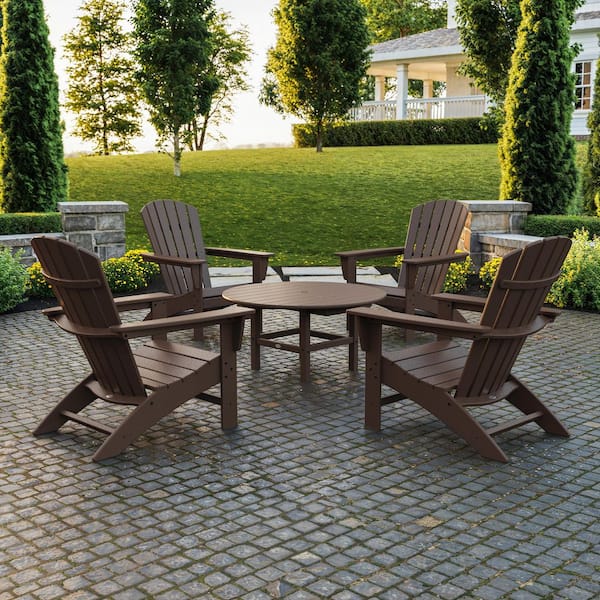 POLYWOOD Grant Park Mahogany 5-Piece Plastic Traditional Curveback Adirondack Patio Conversation Set