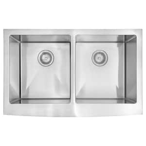 32.87 in. Undermount Front Double Bowl 16 Gauge Satin Stainless Steel Kitchen Double Bowl with Strainer Baskets