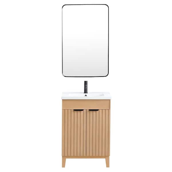 Palos 24 in.W x 18.1 in.D x 34.8 in.H Single Sink Bath Vanity in Fir Brown with White Ceramic Basin Top and Mirror
