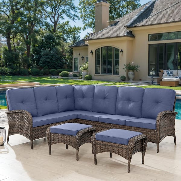Carlos Brown 4-Piece Wicker Outdoor Sectional Set with Blue Cushions, Ottomans