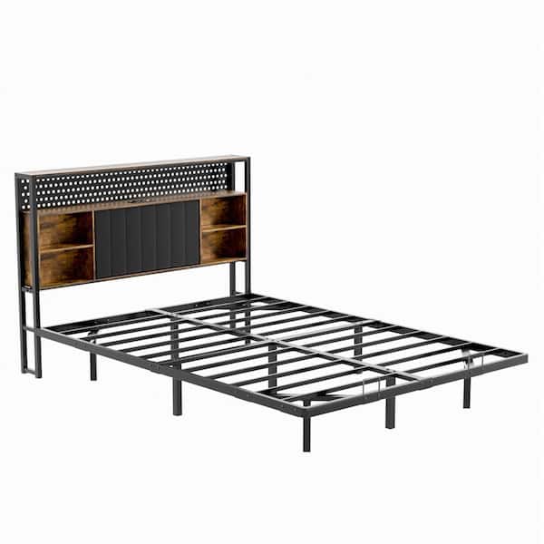 Full Size Floating Bed Frame Metal Bed Frame with LED Lights and Charging Station, Velvet Upholstered Headboard