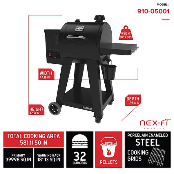 Wood Pellet Grill Smoker Bluetooth Wifi Enabled 580 Sq In with Side Shelf  Black