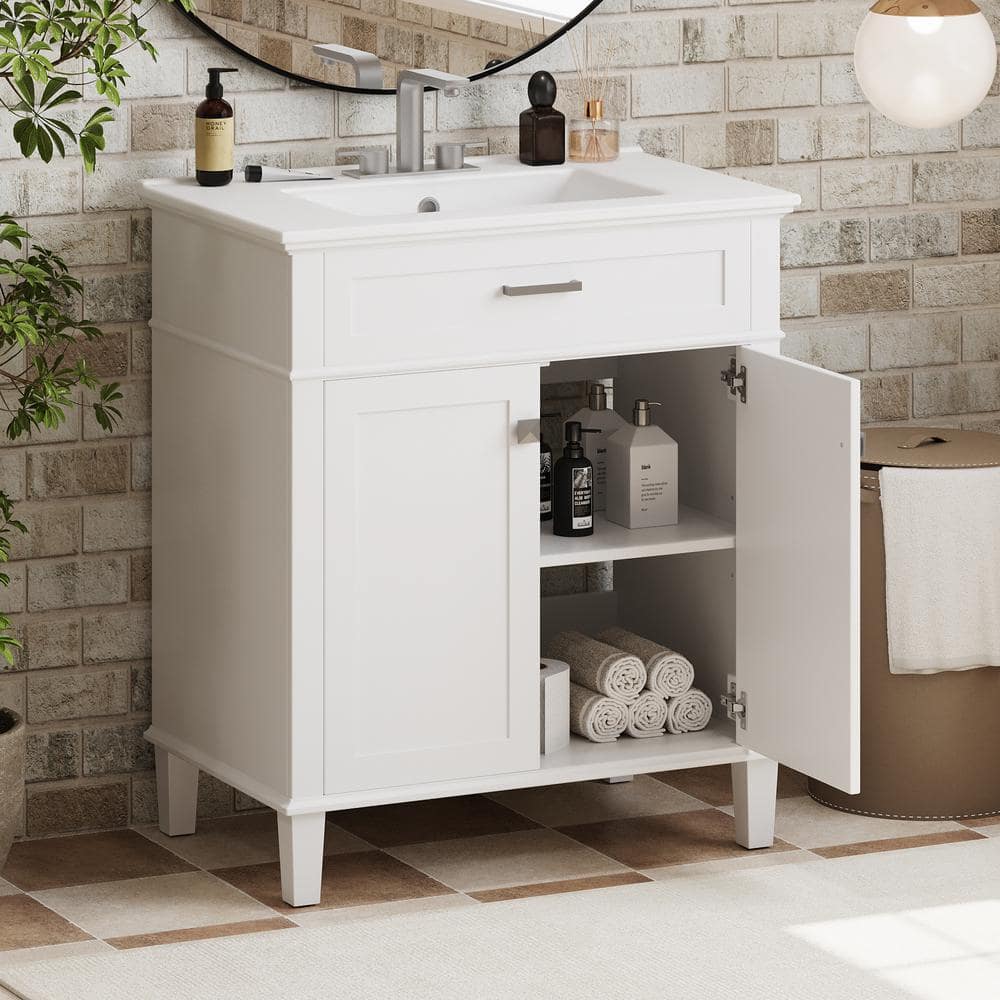 30-Inch White MDF Freestanding Bathroom Vanity with Ceramic Basin