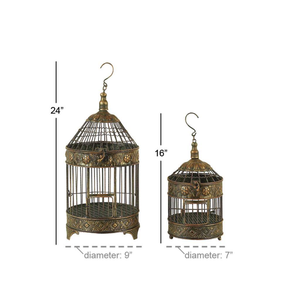 Bronze Antique Carved Metal Birdcage Set, 2 Pieces