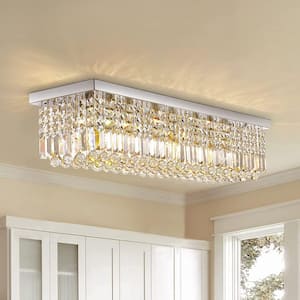 39.4 in. Modern 6-Light Chrome Crystal Chandelier Flush Mount Rectangle Kitchen Island Ceiling Light for Dining Room
