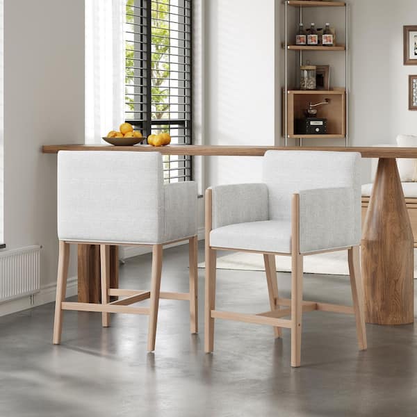Quiller 36.75 in. H Natural+Beige Fabric Upholstered Solid Wood Bar Stools, Counter Stools with Arms, Back (Set of 2)