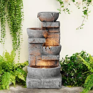 Outdoor Zen Garden 33 in. Stone-Texture Polyresin Cascading Waterfall Fountain with LED Lights