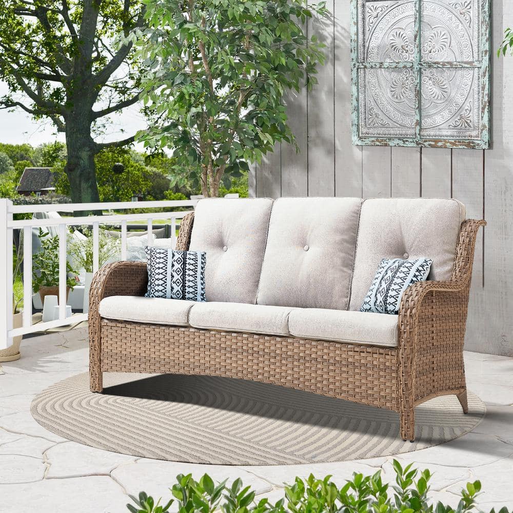 Yellow Wicker Outdoor Couch, 3-Seat Patio Sofa with Deep Seating and Beige Cushions for Porch Deck Balcony price history on PriceWatchPro