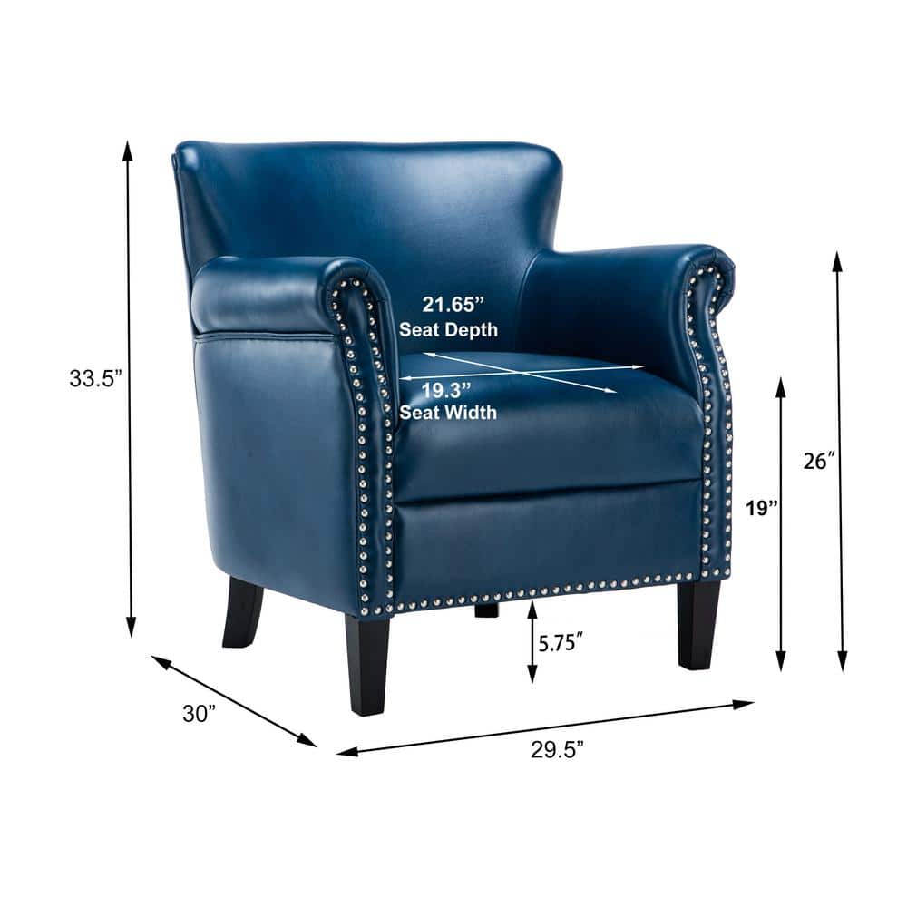 Navy Blue Leather Accent Chair with Wood Legs