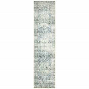 2' X 8' Grey Blue And Ivory Oriental Power Loom Stain Resistant Runner Rug