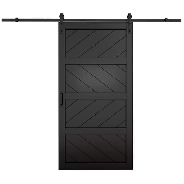 48 in. x 84 in. 4-Lites Black Wave MDF Barn Door Slab with Installation Hardware Kit