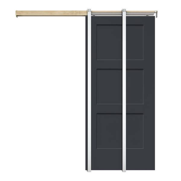 CALHOME 30 in. x 80 in. Char Gray Painted Composite MDF 3PANEL Equal Style Sliding Door with Pocket Door Frame and Hardware Kit