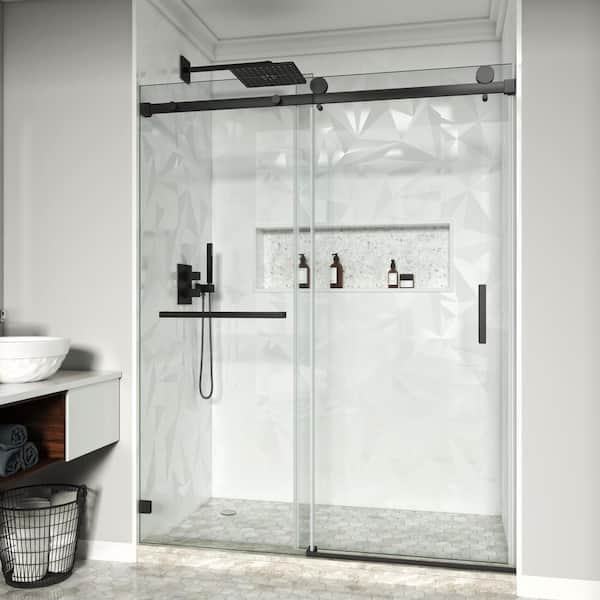 MOHALEN 56-60.5 in. W x 72 in. H Single Sliding Frameless Shower Door in Matte Black with 3/8 in. Clear Tempered Glass