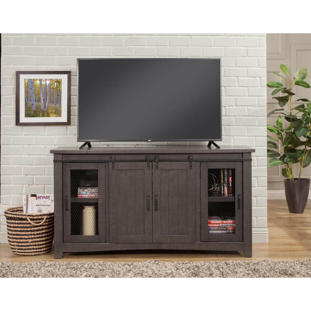 Rustic Sierra 65" Solid Pine TV Stand with Mesh Doors - Gray Finish