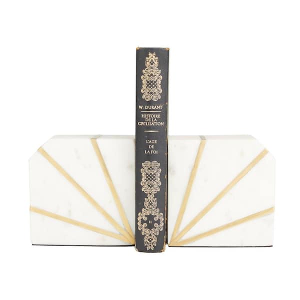 CosmoLiving by Cosmopolitan White Marble Geometric Bookends with Gold Inlay (Set of 2)