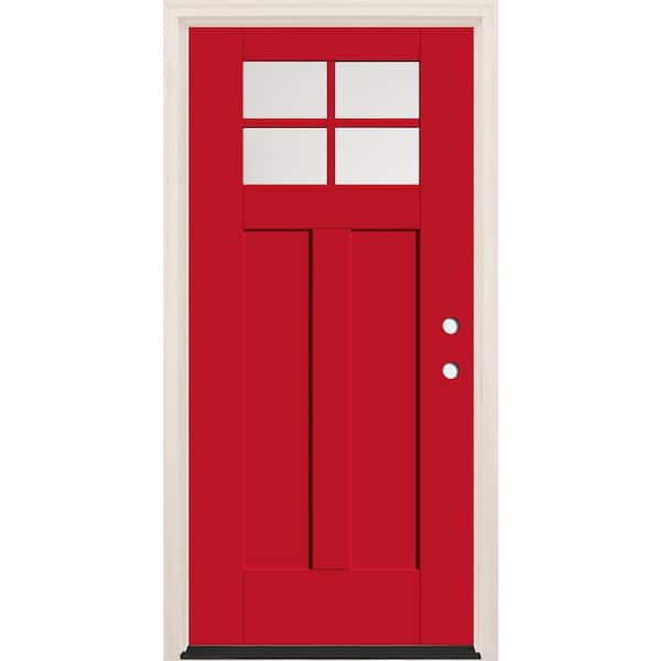 Builders Choice 36 in. x 80 in. Left-Hand 4-Lite Clear Glass Ruby Red Painted Fiberglass Prehung Front Door with 4-9/16 in. Frame
