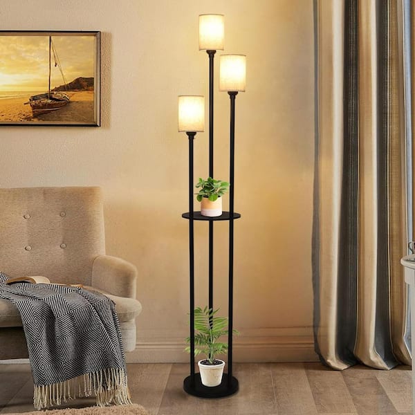 Lasaideal 66 in. Black 3-Light Column Floor Lamp with Linen Drum Shade, Foot Switch