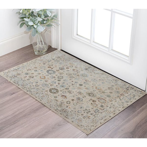 2 ft. x 3 ft. Ivory Blue And Gray Floral Medallion Area Rug