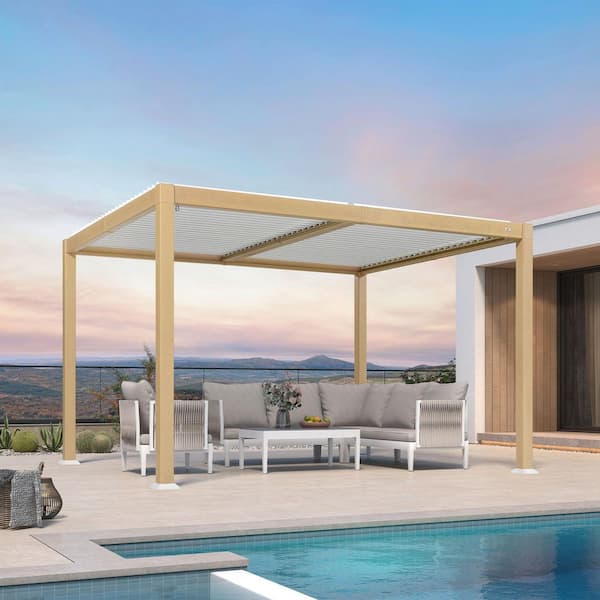PURPLE LEAF 10.2 ft. x 12.3 ft. Wood Grain Aluminum Outdoor Louvered Pergola with 2-Individual Adjustable Roofs and In-Built Gutter