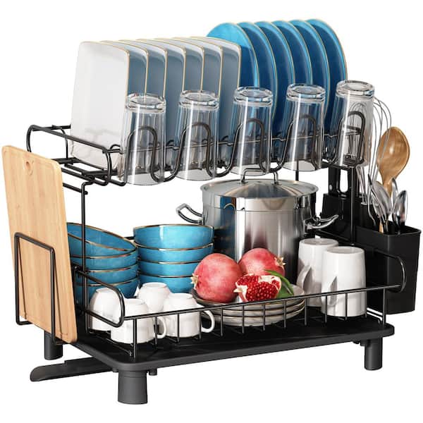 JASIWAY 2-Tier Metal Standing Dish Rack in Black