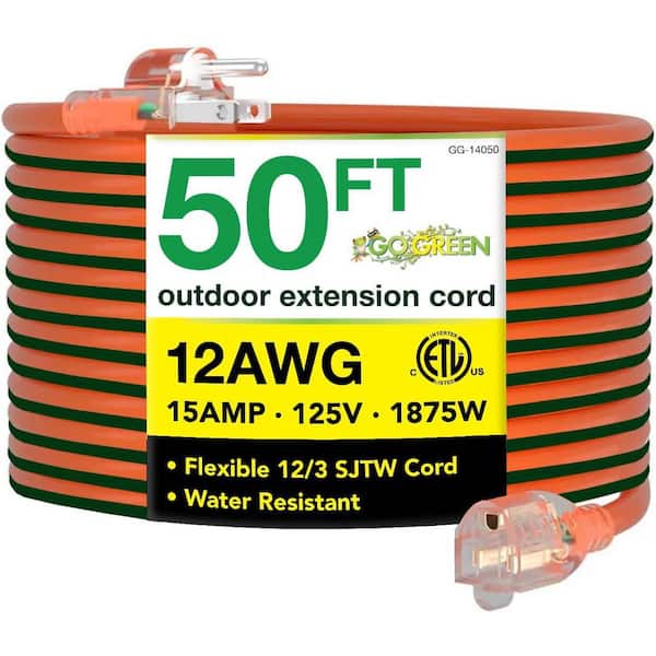 GoGreen Power Inc. (G-14050) 50ft. 12 / 3 Heavy Duty Indoor Extension Cord Lighted End-Orange