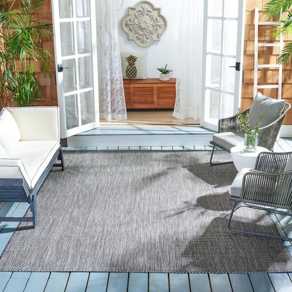 Courtyard Black/Beige 8 ft. x 8 ft. Solid Distressed Indoor/Outdoor Patio  Square Area Rug