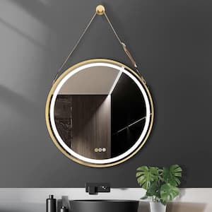 32 in. W x 32 in. H Large Round Framed Dimmable Anti Fog LED Lighted Wall Bathroom Vanity Mirror w/Hanging Strap Gold