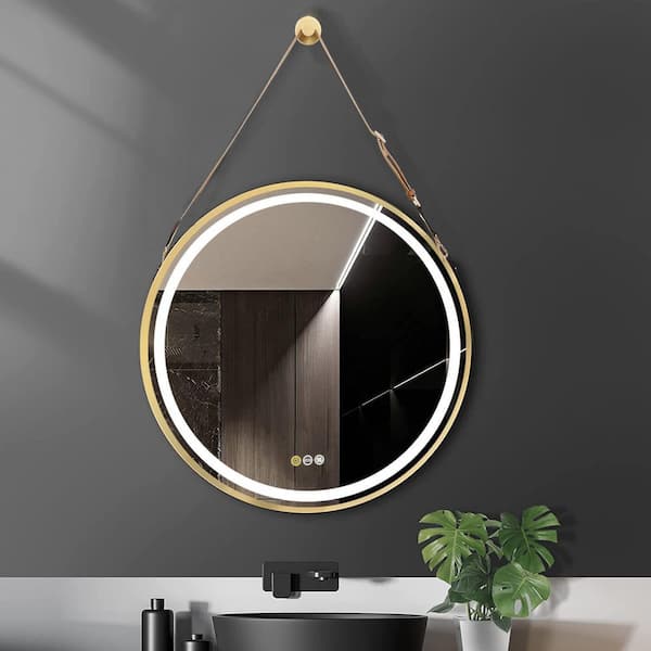 Wisfor 32 in. W x 32 in. H Large Round Framed Dimmable Anti Fog LED Lighted Wall Bathroom Vanity Mirror w/Hanging Strap Gold