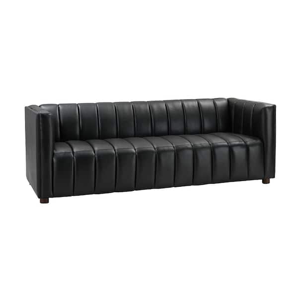 JAYDEN CREATION Pachynus 83 in.Wide Square Arm Genuine Leather Rectangle Contemporary Channel-tufted Sofa in Black