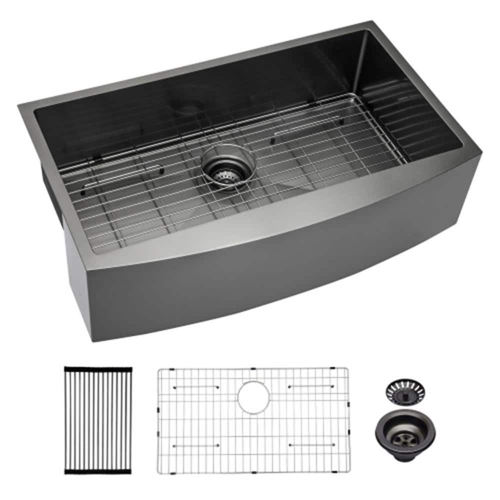 Black 16 Gauge Stainless Steel 36 in. Single Bowl Corner Farmhouse Apron Workstation Kitchen Sink with Feature, Gunmetal Black