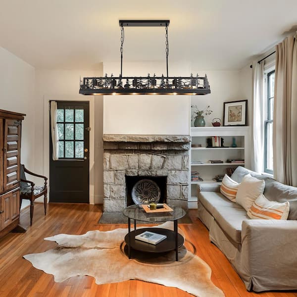 JUSHENG 6-Light Black Farmhouse Linear Chandelier Ambient Rustic