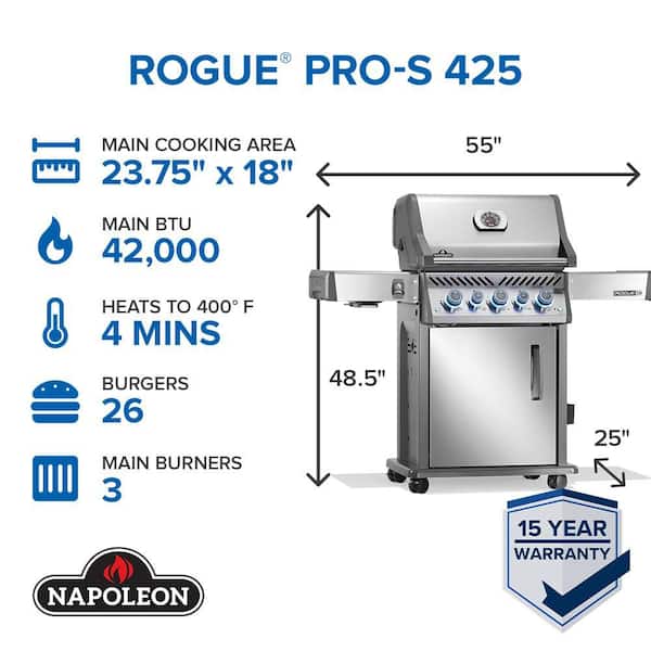 Rogue Pro-S 425 3-Burner Propane Gas Grill in Stainless Steel with Infrared Side and Rear Burner