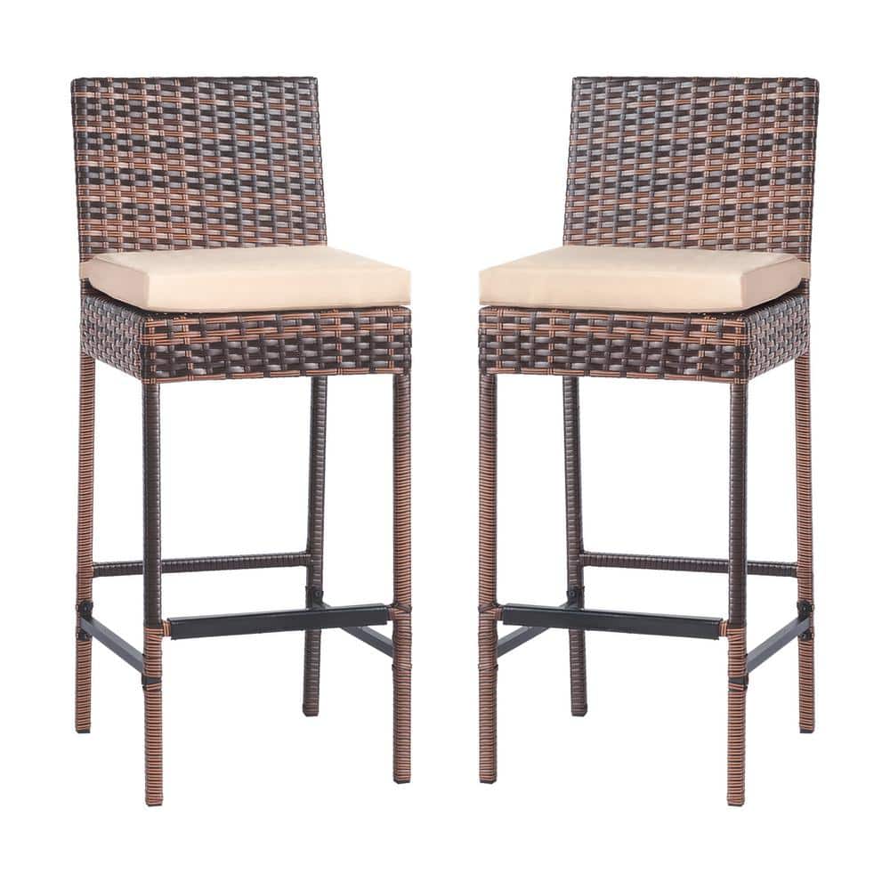 VINGLI Brown Wicker Outdoor Bar Stool with Beige Cushion Outdoor Bar