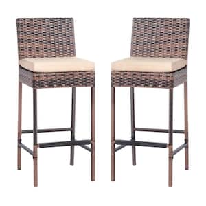 Brown Wicker Outdoor Bar Stool with Beige Cushion Outdoor Bar Chairs Bar Height Outdoor Chair Set(2-Pack)
