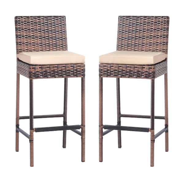 Brown Wicker Outdoor Bar Stool with Beige Cushion Outdoor Bar Chairs Bar Height Outdoor Chair Set(2-Pack)