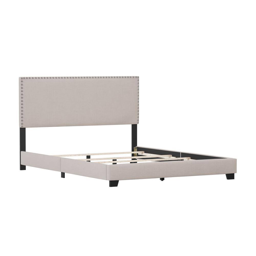 Gray Fog Upholstered Queen Bed with Nailhead Trim and Wood Frame