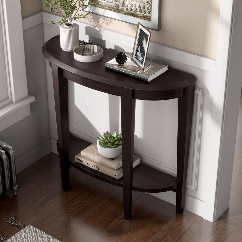 Espresso Brown Wood Semi-Circle Hallway Table with Storage Shelf