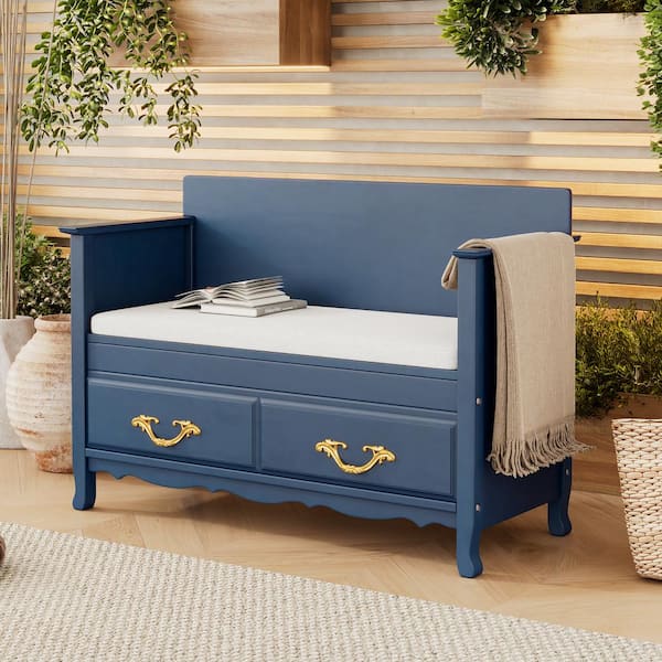 Harper & Bright Designs 43.3 in. Antique Navy Vintage Flip Top Storage Bench with Gas Spring