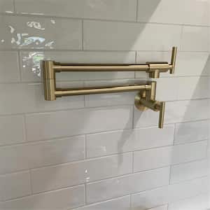 Single Hole Brass Wall Mount Kithchen Pot Filler Faucet With 2 Handles for Easy Operation in Brushed Gold