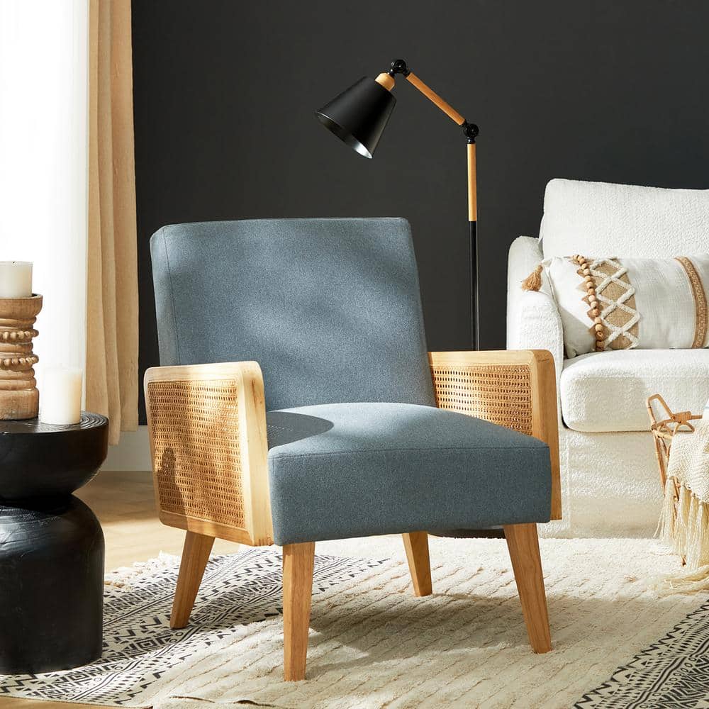 Handcrafted Blue Velvet Accent Chair with Rattan Armrests