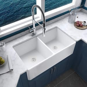 YSNSINKSA White Fireclay 32 in. 50/50 Double Bowl Farmhouse Apron Front Kitchen Sink with Bottom Grids and Strainers