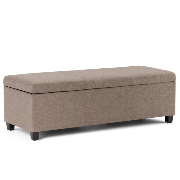 Simpli Home Avalon 48 in. Contemporary Storage Ottoman in Fawn Brown Linen Look Fabric