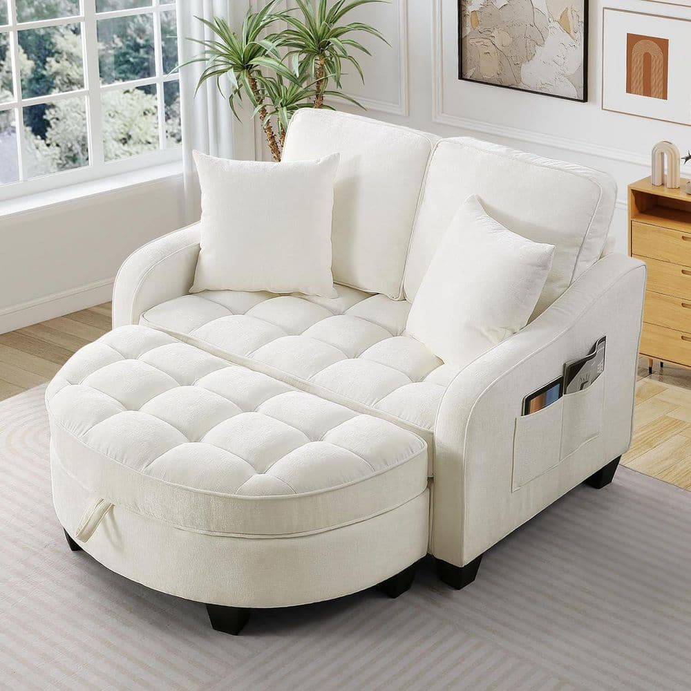 Modern Beige Chenille Tufted Armrest 2-Seater Chaise Lounge with Storage Ottoman and 2 Small Throw Pillows price history on PriceWatchPro
