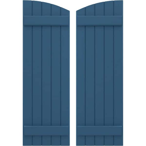 Ekena Millwork 17-1/2 in. W x 36 in. H Americraft Exterior Real Wood Joined Board and Batten Shutters with Elliptical Top Sojourn Blue