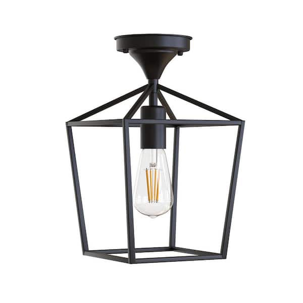 7 in. 1-Light Black Modern Industrial Square Cage Semi-Flush Mount Ceiling Light for Hallway, Bedroom, Kitchen