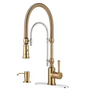Single Handle Convenient Pull Down Sprayer Kitchen Faucet in Gold and Chrome with Soap Dispenser