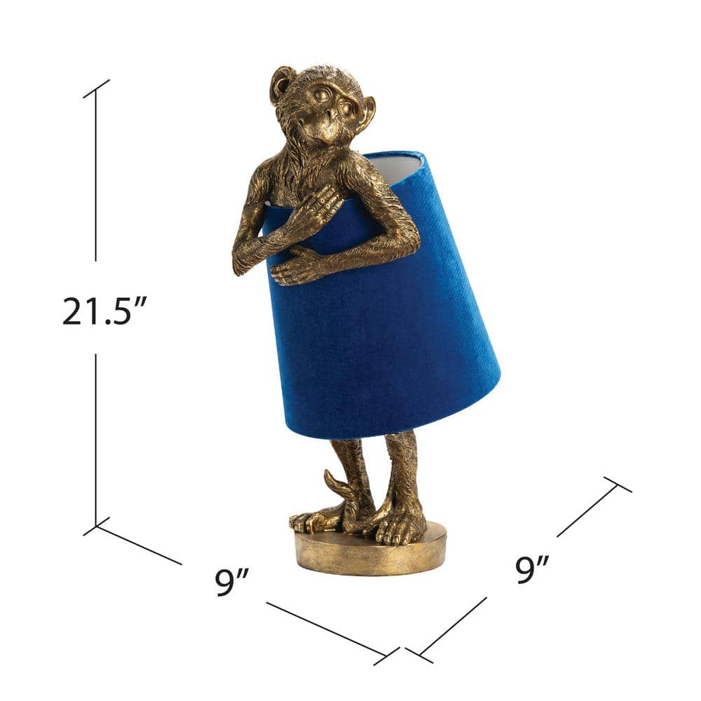 Gold Resin Monkey Table Lamp with Blue Velvet Shade