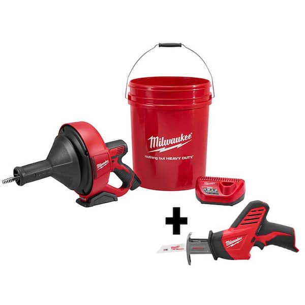 Milwaukee M12 12V Lithium-Ion Cordless Auger Snake Drain Cleaning Kit with  M12 HACKZALL Reciprocating Saw 2571-21-2420-20 - The Home Depot