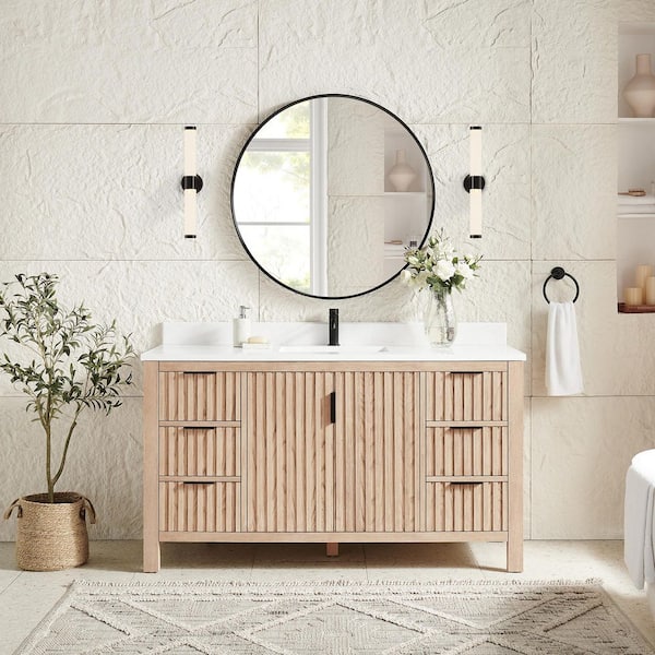 Shenzhen 60 in.W x 22 in.D x 33.9 in.D Single Bath Vanity in Aged Natural Oak with White Engineered Stone Top