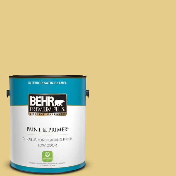 BEHR PREMIUM PLUS 1 gal. #T12-6 Lol Yellow Satin Enamel Low Odor Interior Paint & Primer